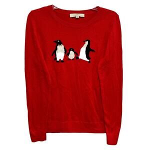 LOFT Womens Penguin Family Knit Sweater Large Red Holiday Winter Novelty Animal